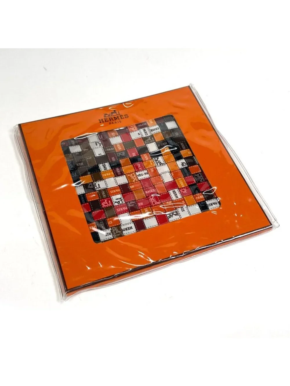 Hermes Carre 90 Bolduc AU Scarf Check Ribbon Silk Orange Brown